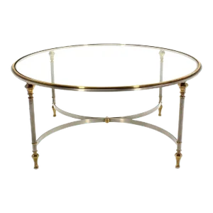 Italian Mid Century Modern Round Chrome Brass Glass Top Center Coffee Table MINT