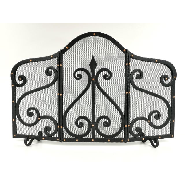Black Vintage French Art Deco Wrought Iron 3-Panel Fire Screen and Spark Guard, 1940s For Sale - Image 8 of 9