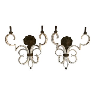Antique French Art Deco Wrought Iron Wall Light Sconces With Shell Backs Circa 1920 - a Pair For Sale