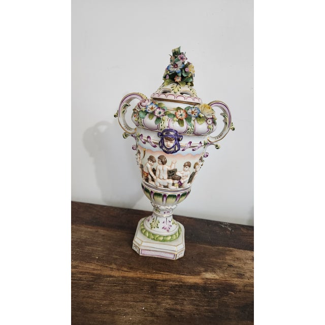 Rococo Circa 1900 Vienna-Style Porcelain Potpourri Urn With Applied Flowers, Putti & Blue Shield Mark For Sale - Image 3 of 18