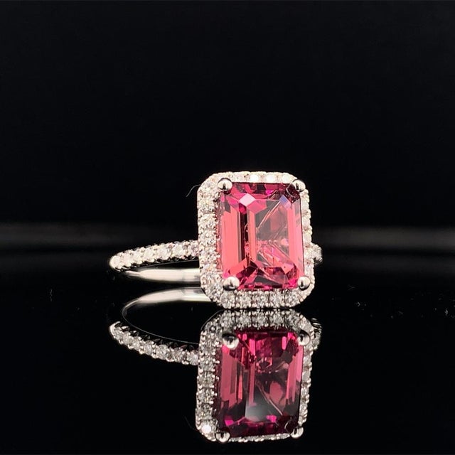 Metal Diamond Tourmaline Rubellite Ring 6.5 18k Gold 3.11 TCW Certified For Sale - Image 7 of 13