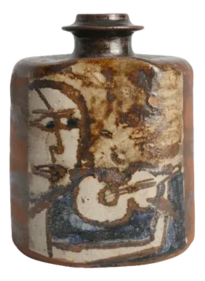 Square Ceramic Bottle Vase with Naive-Style Motifs in Brown Glaze