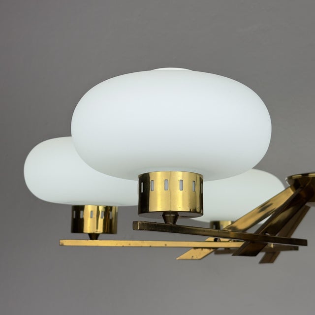 Mid-Century Brass and Opaline Glass Chandelier from Stilnovo, Italy, 1970s For Sale - Image 10 of 18