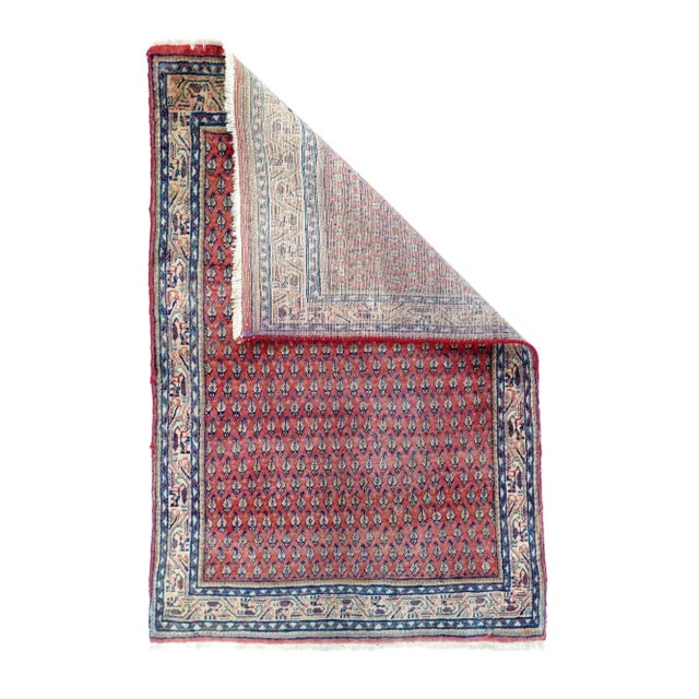 The coral rose field displays offset, half-drop reversing rows of diminutive botehs in dark blue and straw, within a...