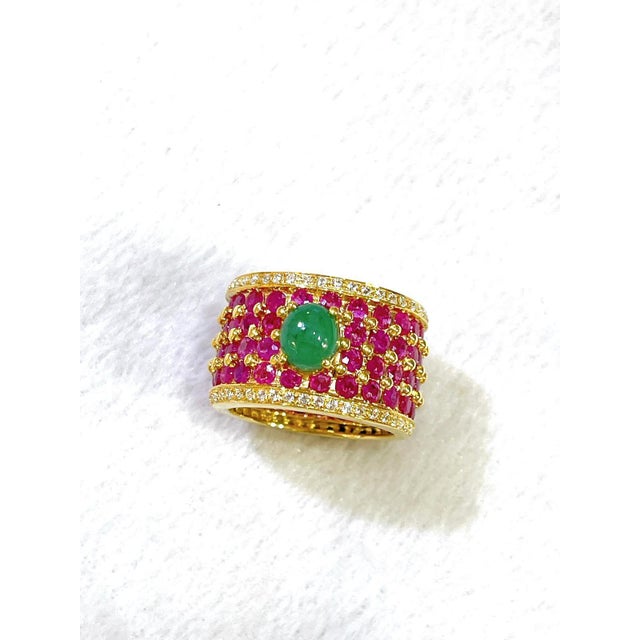 Contemporary Bochic “Orient” African Ruby, & Jade Vintage Band Ring Set In 18 K Gold & Silver, Size 7.5 For Sale - Image 3 of 11