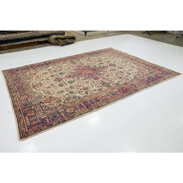 Textile Beige Persian Shiraz Handmade Wool Rug With Allover Floral Motif For Sale - Image 7 of 8
