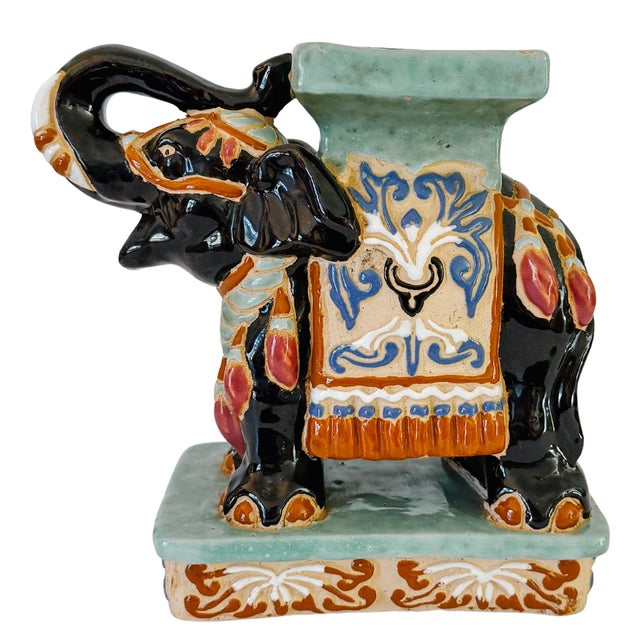Vintage Chinoiserie Celadon & Black Ceramic Elephant Glazed Plant Stands / Bookends - A Pair For Sale In San Diego - Image 6 of 13