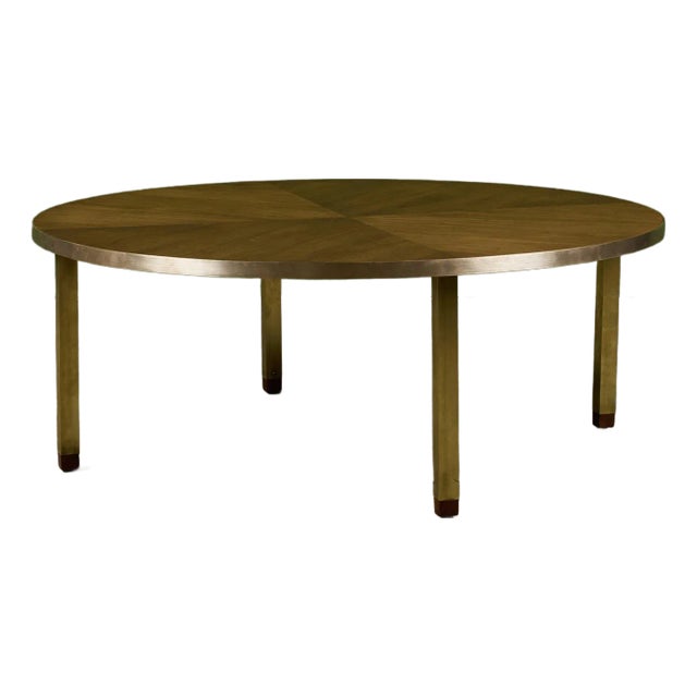 Round Walnut Coffee Table With Brass Detail For Sale