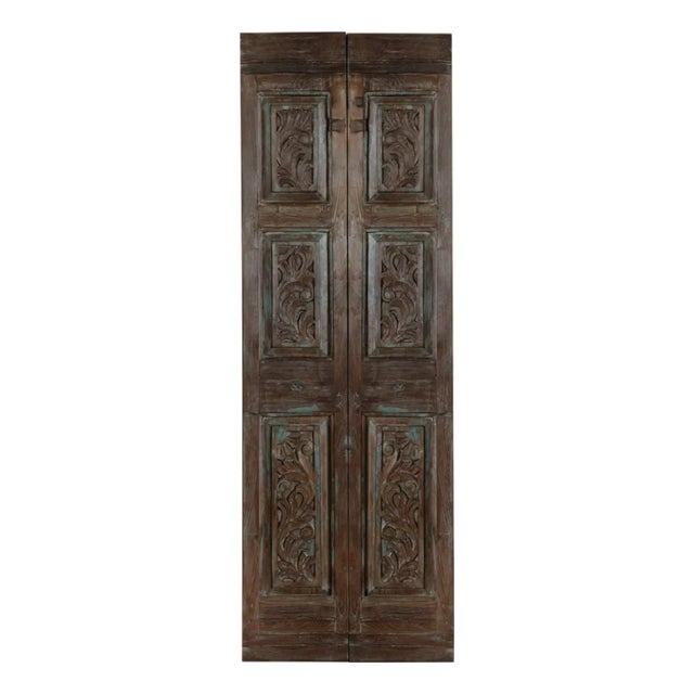 Vintage Floral Carved Wood French Doors | Reclaimed Wood Hinged or Sliding Doors 80x28 For Sale