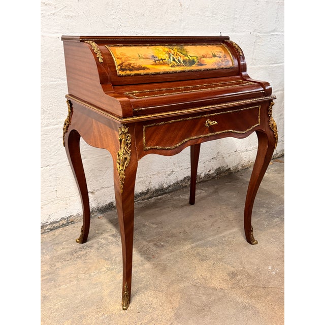 This exquisite French Vernis Martin style roll-top desk is a masterwork of late 20th-century artistry, featuring hand-...