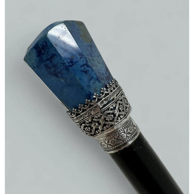 Gemstone Antique Vintage Wooden Ebony Lapis Lazuli Walking Stick Cane Sterling Silver 19c For Sale - Image 7 of 9