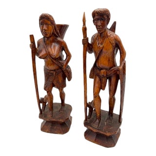 Vintage Mid-Century Philippine Igorot Hand-Carved Wood Tribal Statues – Pair (Male Warrior & Female Gatherer) For Sale