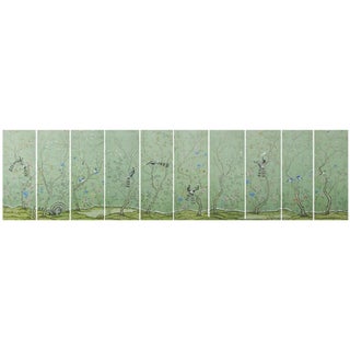 36" * H120"/Panel * 10ps, Emerald Green Chinoiserie Scenic Wallpaper - Set of 10 For Sale