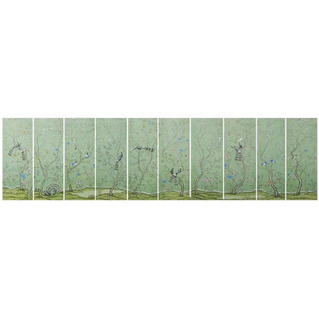Emerald Green Chinoiserie Scenic Wallpaper - Set of 10 For Sale