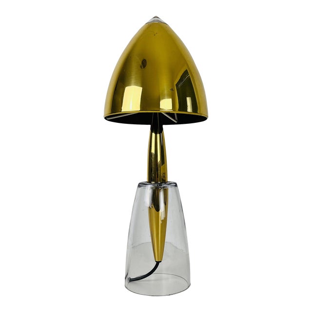 Mid Century Solid Glass and Brass Shade Table Lamp, 1960s For Sale