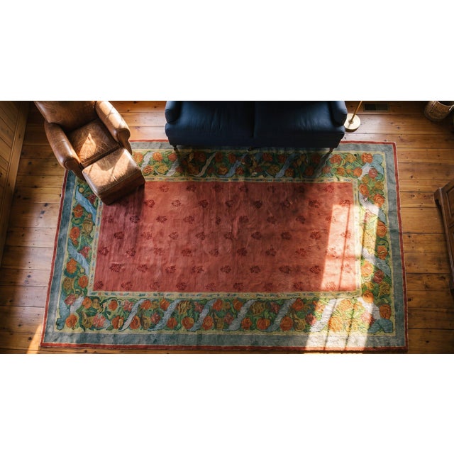 1900s Pink Rose Floral Arts & Crafts Antique Irish Donegal Rug 9' X 17'7" Handknotted Wool Carpet For Sale - Image 12 of 14