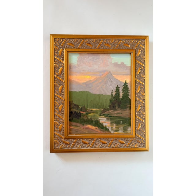 Late 20th Century Mountain Landscape Painting on Canvas, Framed in Gilt Carved Oak Leaf Frame For Sale - Image 5 of 8