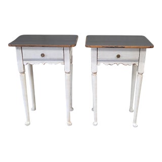 Antique Pine Nightstands Painted White With Gray Banding and Black Tops - A Pair For Sale