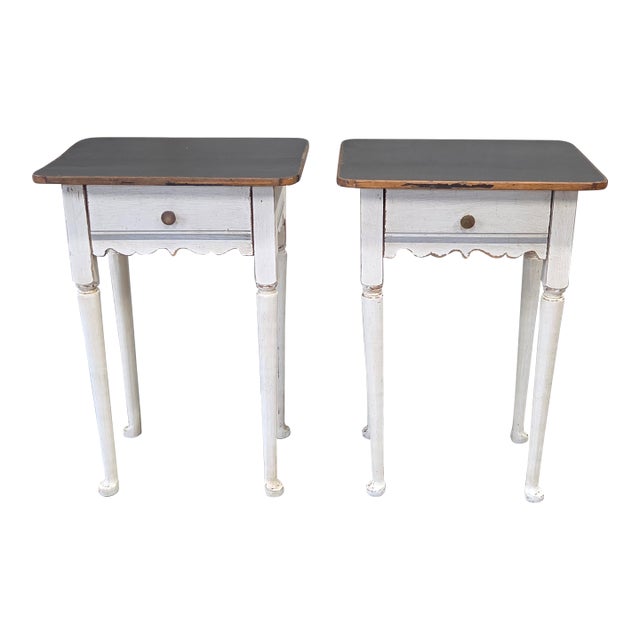 Antique Pine Nightstands Painted White With Gray Banding and Black Tops - A Pair For Sale