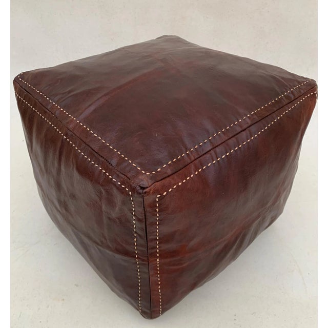 Square Brown Oxblood Red Embroided Moroccan Leather Pouf Cover For Sale - Image 10 of 11
