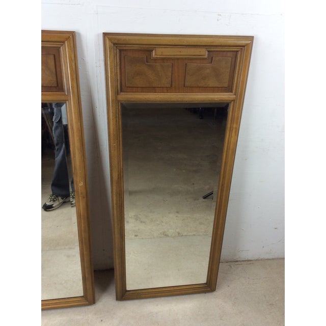 Pair of Mid Century Modern Wall Mirrors With Rectangular Wood Frame and Burlwood Inlay For Sale In Philadelphia - Image 6 of 18