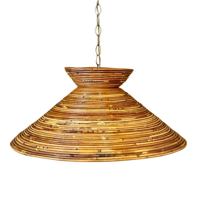 Vintage Sculptural Coiled Rattan Bell Form Pendant Light For Sale