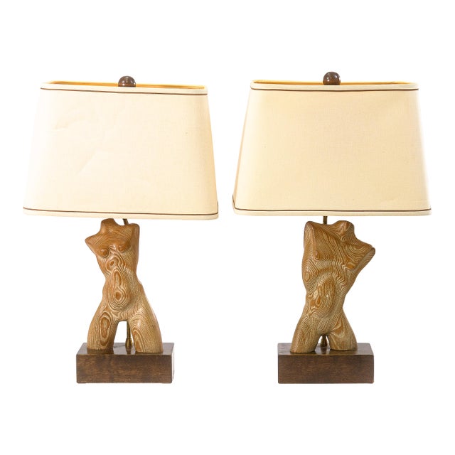 Pair of Vintage Yasha Heifetz Sculptural Wooden Female & Male Torso Table Lamps For Sale