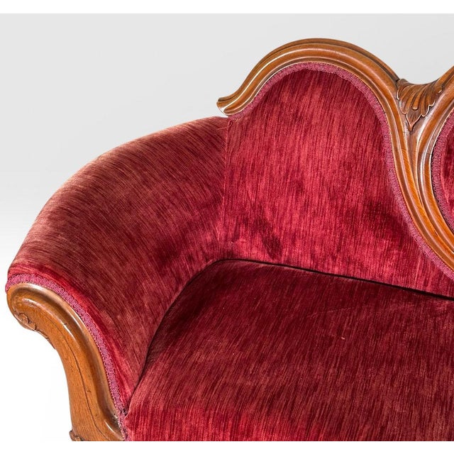 Wood Antique Victorian Carved Walnut Triple Back Cranberry Velvet Settee For Sale - Image 7 of 18