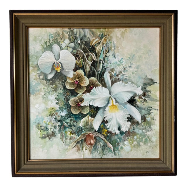 1970’s Vintage Tropical Botanical Orchid Landscape Oil on Canvas Painting, Framed For Sale