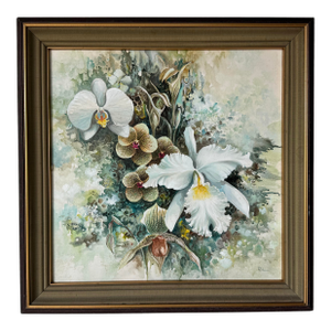 1970’s Vintage Tropical Botanical Orchid Landscape Oil on Canvas Painting, Framed