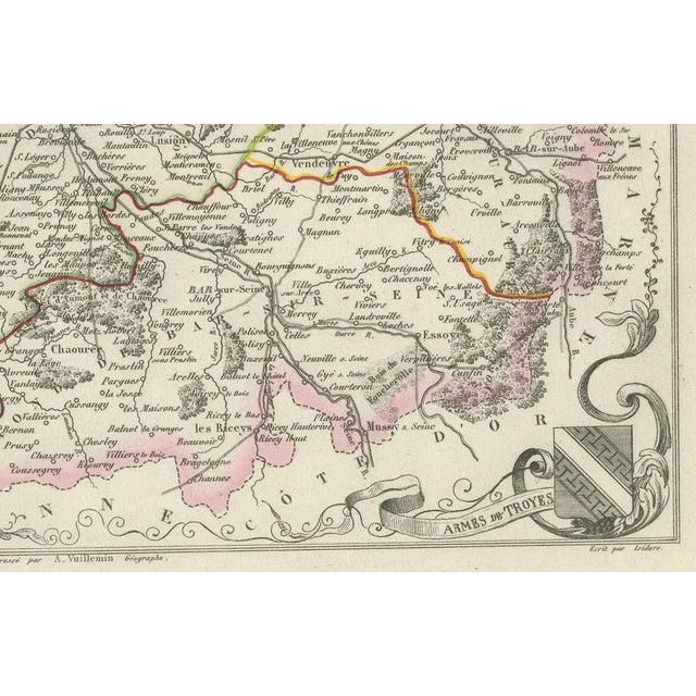 Map of Aube France with Troyes and Champagne Vineyards by Vuillemin, 19th c : This 19th-century map of the Aube department...