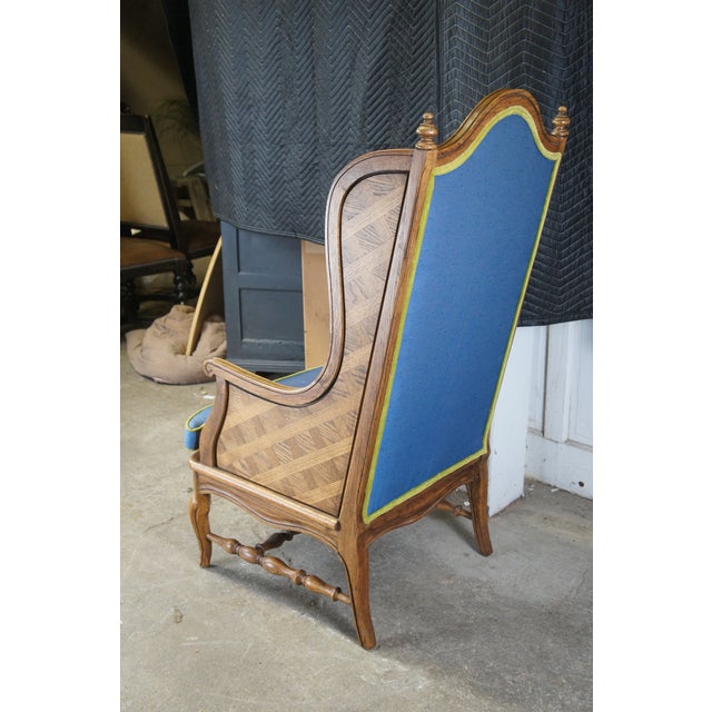 Vintage Thomasville Louis XV Style Parquetry Oak Carved Library Wingback Chair For Sale - Image 10 of 13