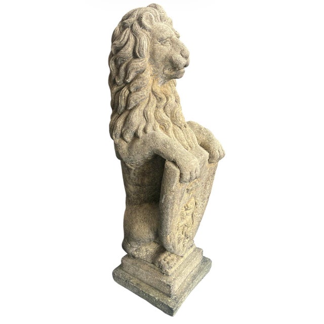 1990s Stately Pair of Cast Stone Seated Lion Statues With Heraldic Shields For Sale In West Palm - Image 6 of 9