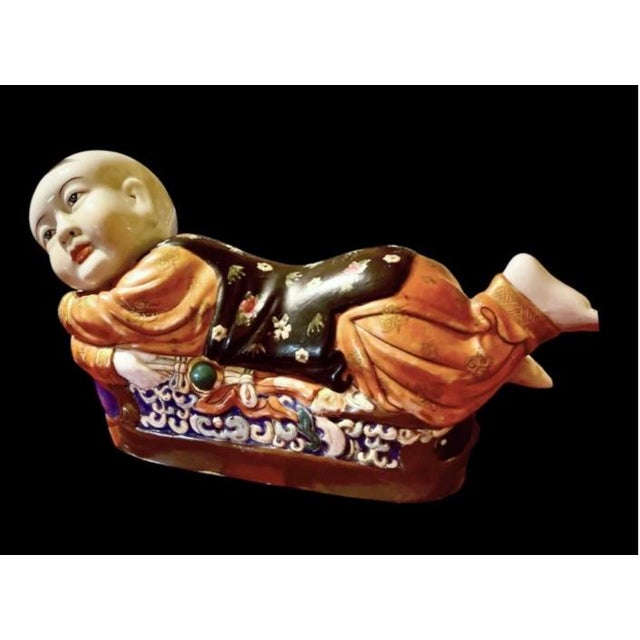 Chinese Vintage Chinese Porcelain Figural Pillow, Hand-Painted Boy, 1978 For Sale - Image 3 of 16