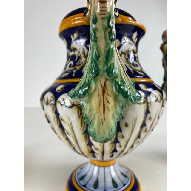 Blue Mid-Century Vintage Hand Painted Italian Pottery Urns With Lids/a Pair For Sale - Image 8 of 10