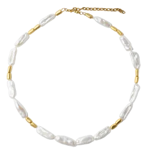 White Peonies Baroque Pearls Gold Bead Necklace