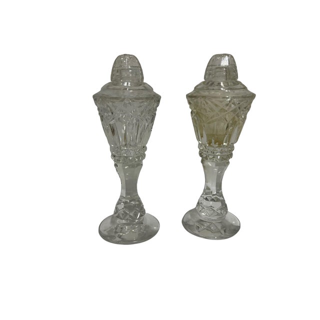 Transparent Vintage 5.25” Heavy Hand-Cut Lead Crystal Salt & Pepper Shakers- A Pair For Sale - Image 8 of 8