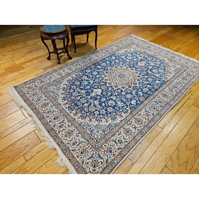 1900 - 1909 Vintage Persian Nain Area Rug, Hand-Knotted Wool & Silk, Floral Pattern, 6x9, Royal Blue & Ivory For Sale - Image 5 of 16