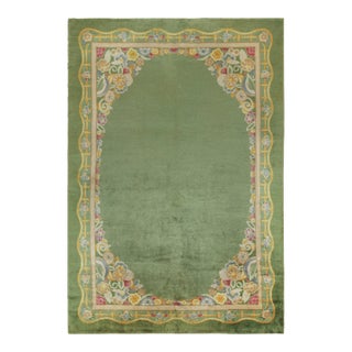 Antique French Art Deco Rug in Green With Pink, Gold and Blue Floral Border For Sale