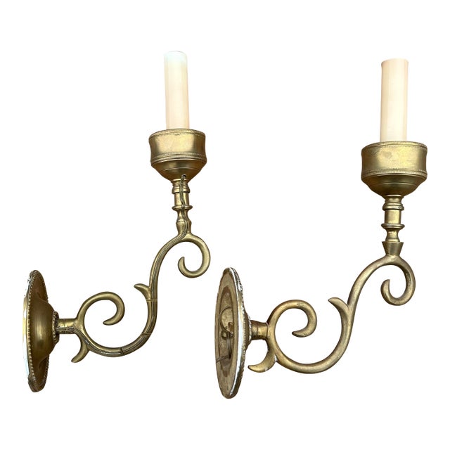 Pair of Vintage French Style Brass Finish Scroll Leaf Sconces For Sale