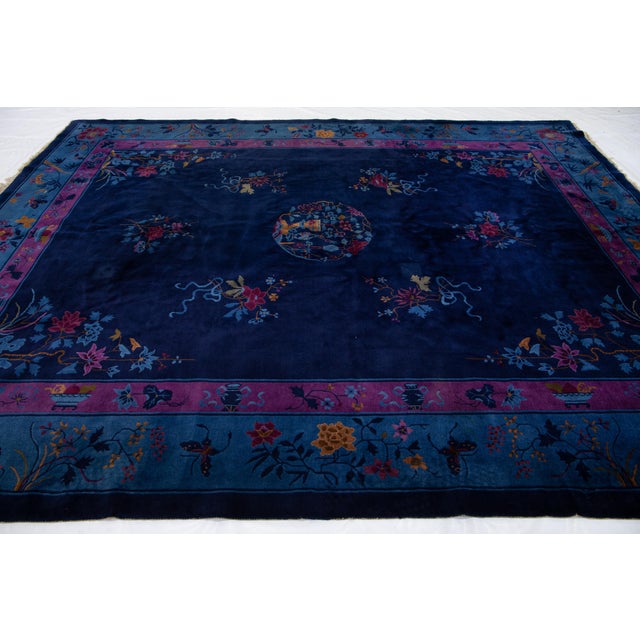 1920s Navy Blue Antique Chinese Art Deco Handmade Wool Rug With Floral Design For Sale - Image 10 of 15