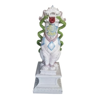 Large Mid Century Italian Glazed Terracotta Chinoiserie Foo Dog on Stand For Sale