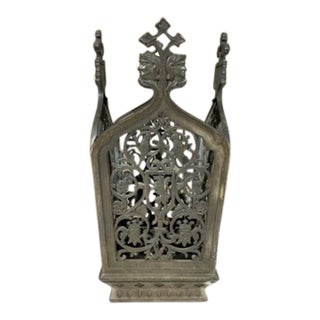 Antique Renaissance Revival Solid Bronze Newel Post Shade Frame With Lion & Knights Motif For Sale