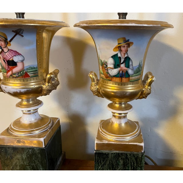 Antique Early 19th Century Old Paris Porcelain Urn Vases Decorated With Gardeners Now Mounted as Table Lamps - A Pair For Sale - Image 15 of 16