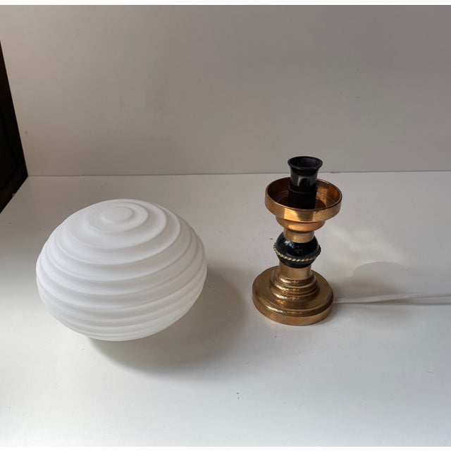White Art Deco Scandinavian Table Lamp in Bronze & Fluted Orb Glass, 1960s For Sale - Image 8 of 10