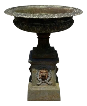 Late 20th Century French Empire Large Cast Iron Round Lion Urn Garden Planter on Base