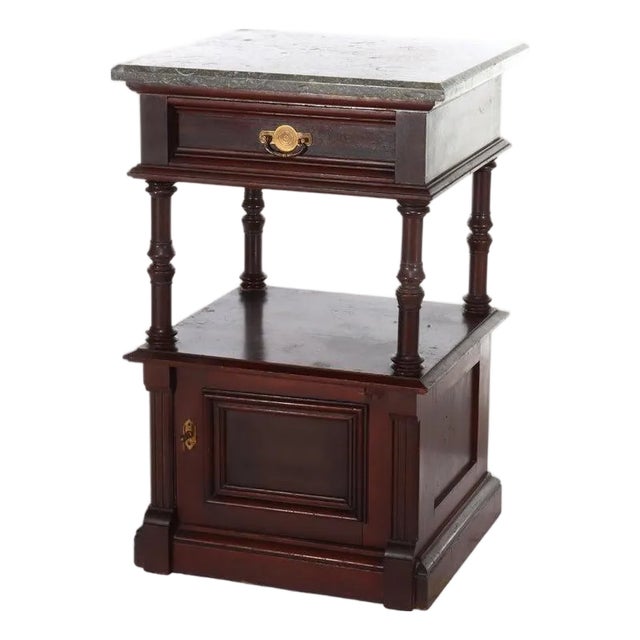Antique Rennaisance Revival Walnut & Burl Marble Top Commode Circa 1890 For Sale