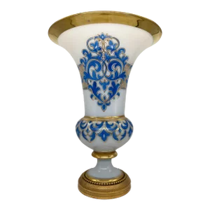 Large Baccarat French White Opaline, Gilt, Blue Enamel Decorated Bronze Vase C. 1885