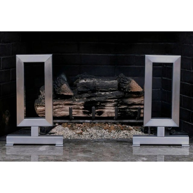 Art Deco Minimalist Modern Rectangular Metal Andirons - a Pair For Sale - Image 3 of 11