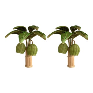 1980s Mid 20th Century Rattan Palm Tree Sconces, France - a Pair For Sale